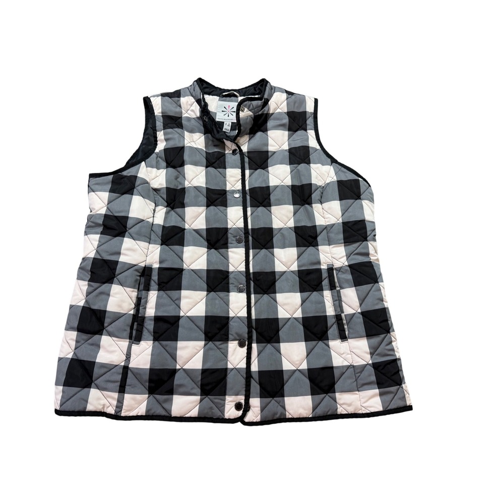 Isaac Mizrahi Live Quilted Vest Womens 1X Black White Plaid Excellent Snap Front